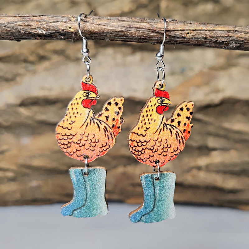 Wholesale Cute hen and chick stitching pendant wooden double-sided earrings