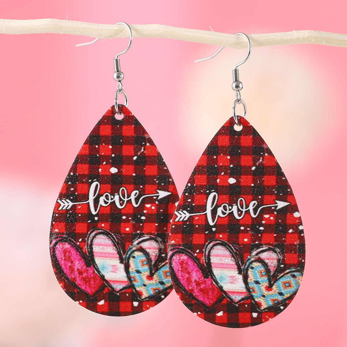 Wholesale Valentine's Day Plaid Love Water Drop Leather Double Sided Earrings