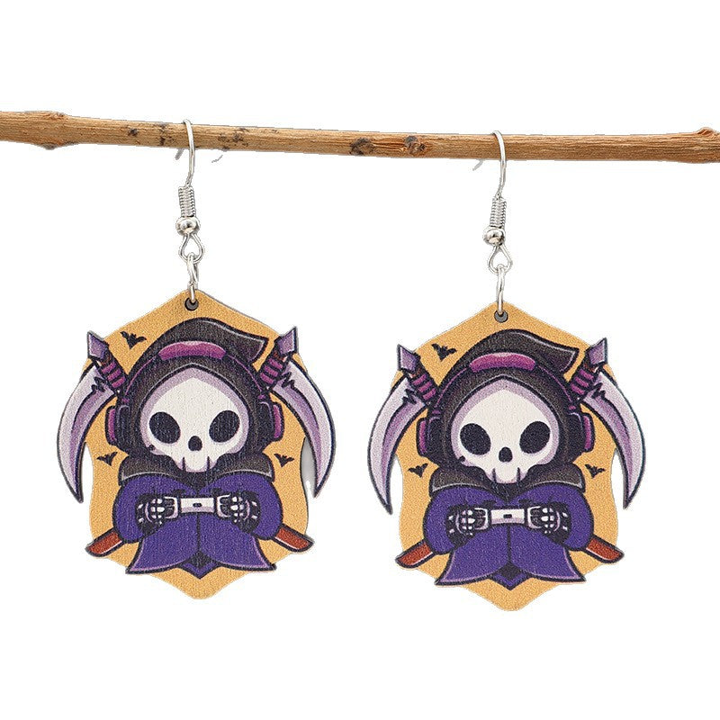 Wholesale  Cartoon Death Sickle Wooden Earrings Skull Bat Print Fashion Accessory Gift Boutique Resale