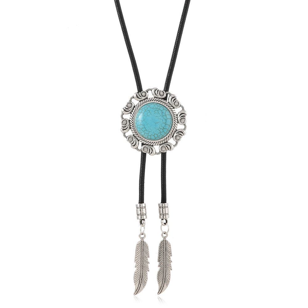 Wholesale Vintage Style Floral Five Pointed Star Cross Disc Bull' s Head Leather Necklace inlaid With  Turquoise