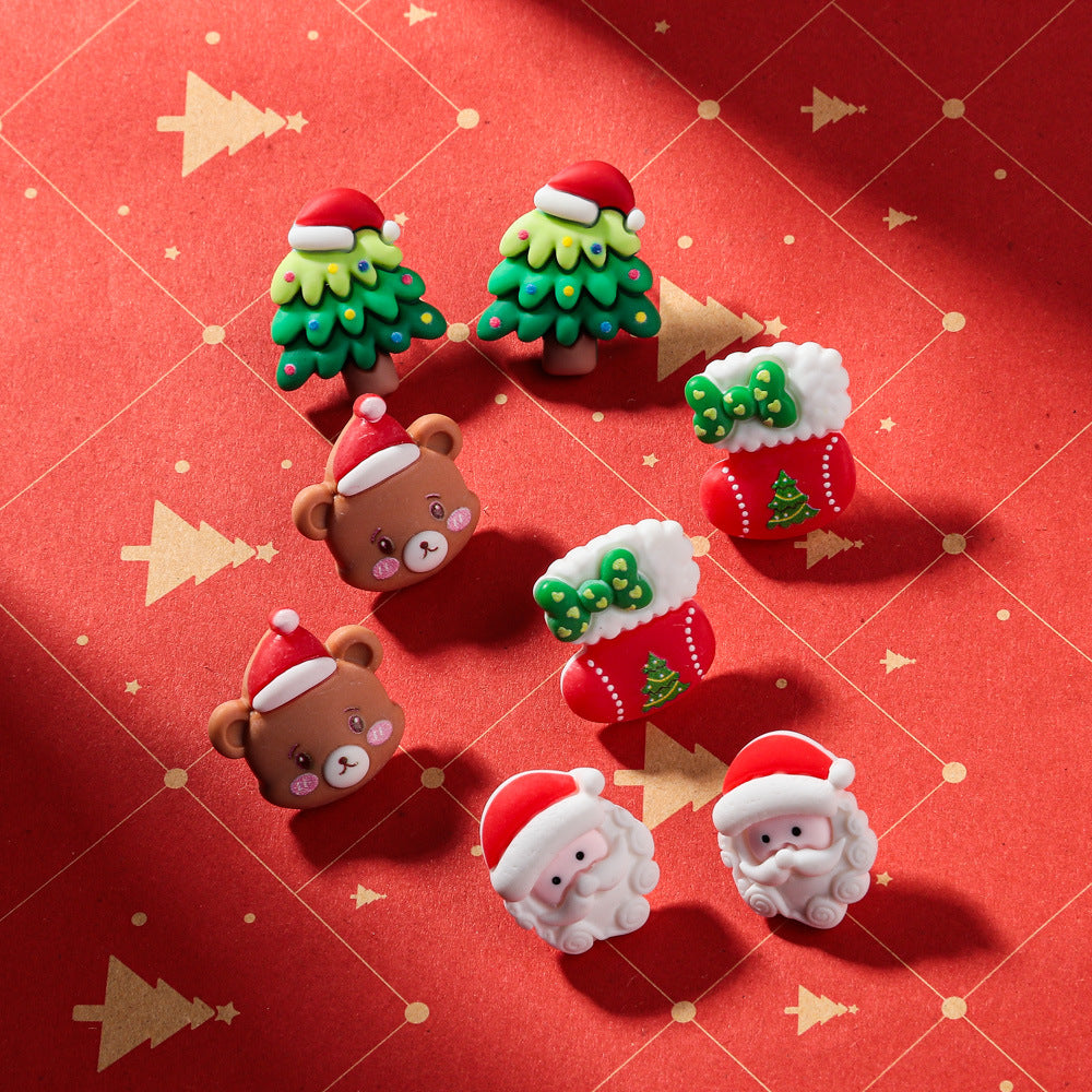 Wholesale Plastic Resin Cartoon Bear Christmas Tree Earrings Sweet Girl Fashion Accessory