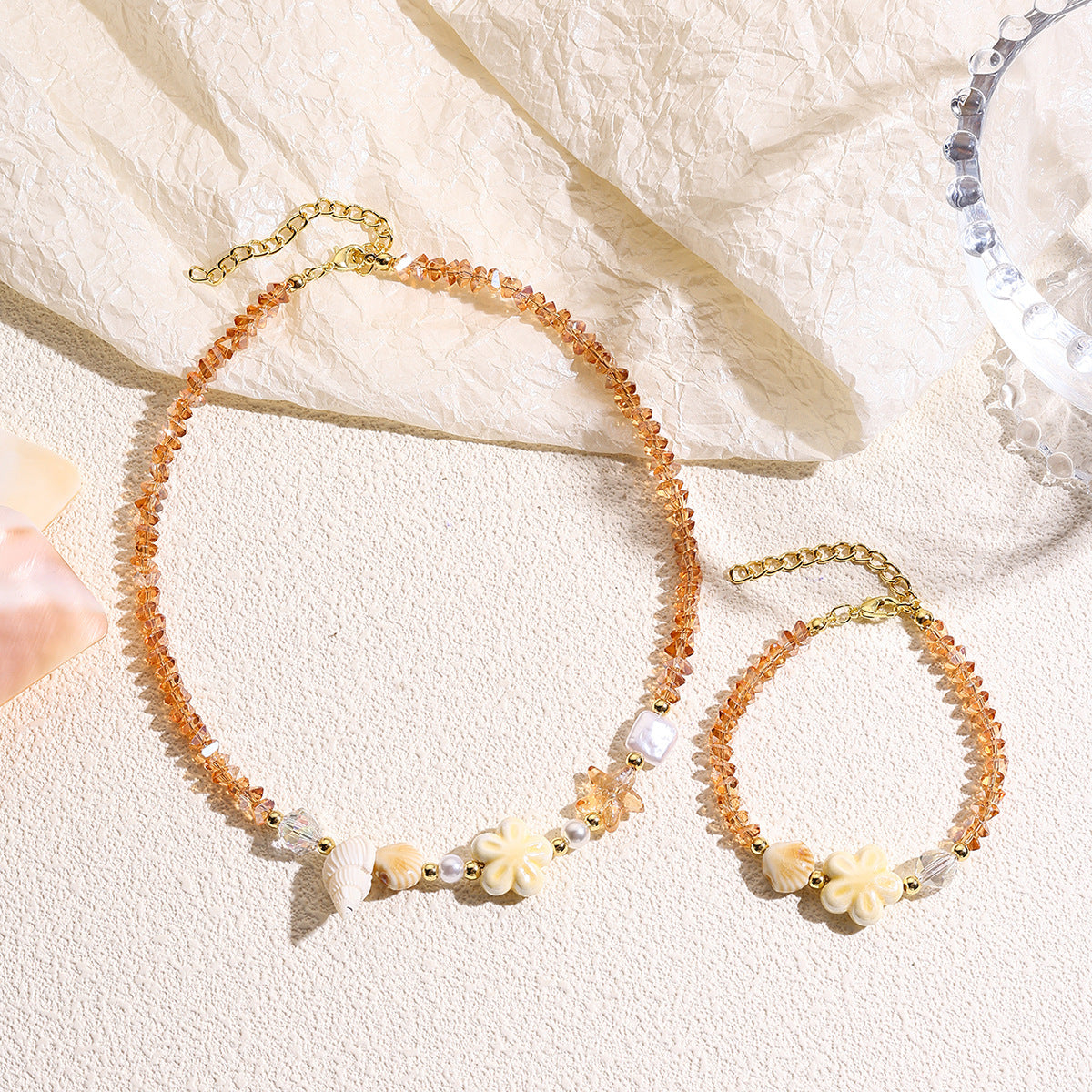 Wholesale Starfish shell necklace with marine resort style colorful crystal beaded necklace bracelet set