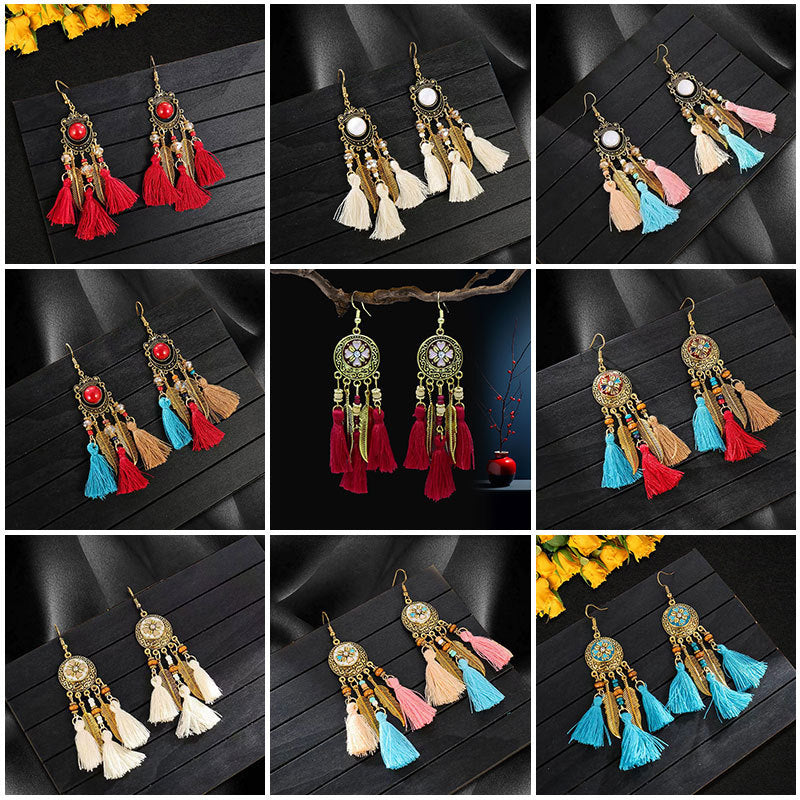Wholesale Alloy Diamond Cut Bohemian Tassel Earrings Ethnic Style Fashion Accessory