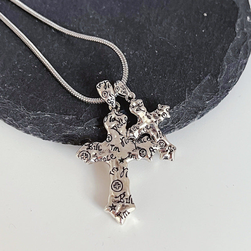 Wholesale Zinc Alloy Retro Graffiti Cross Pendant Necklace Unisex Hip Hop Trendy Fashion Accessory Gift