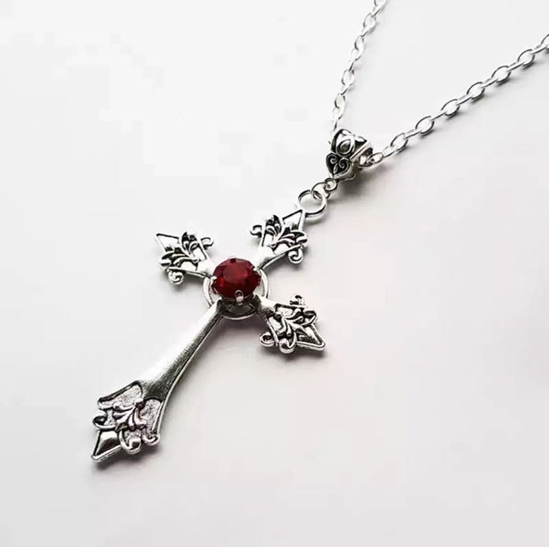 Wholesale Gothic Ruby Cross Necklace  Retro Flower Lover Pendant