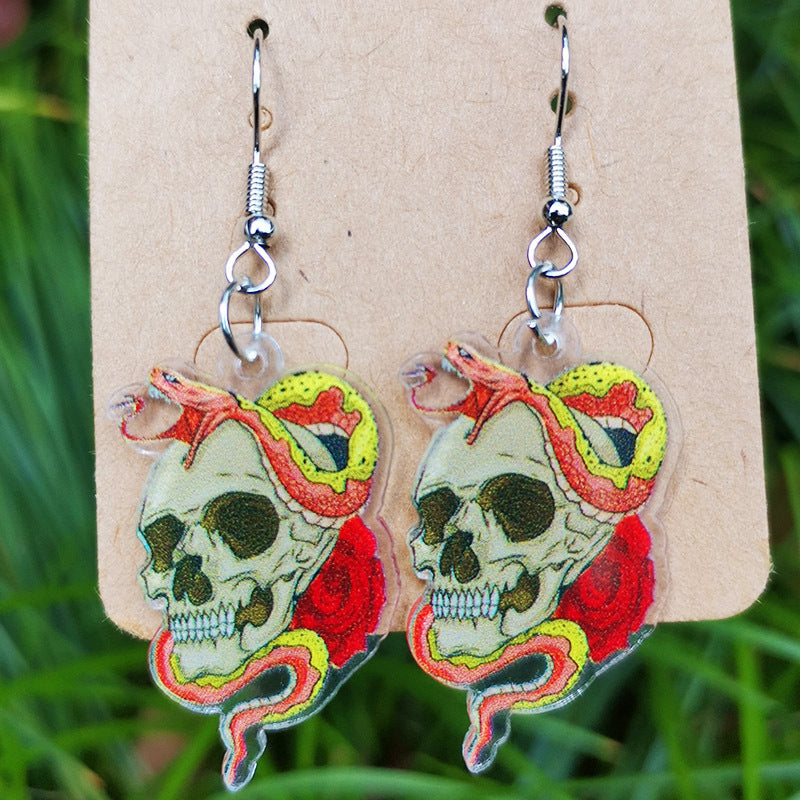 Wholesale 2 pairs/pack Acrylic Day of the Dead skull butterfly flower mushroom snake rose flame earrings