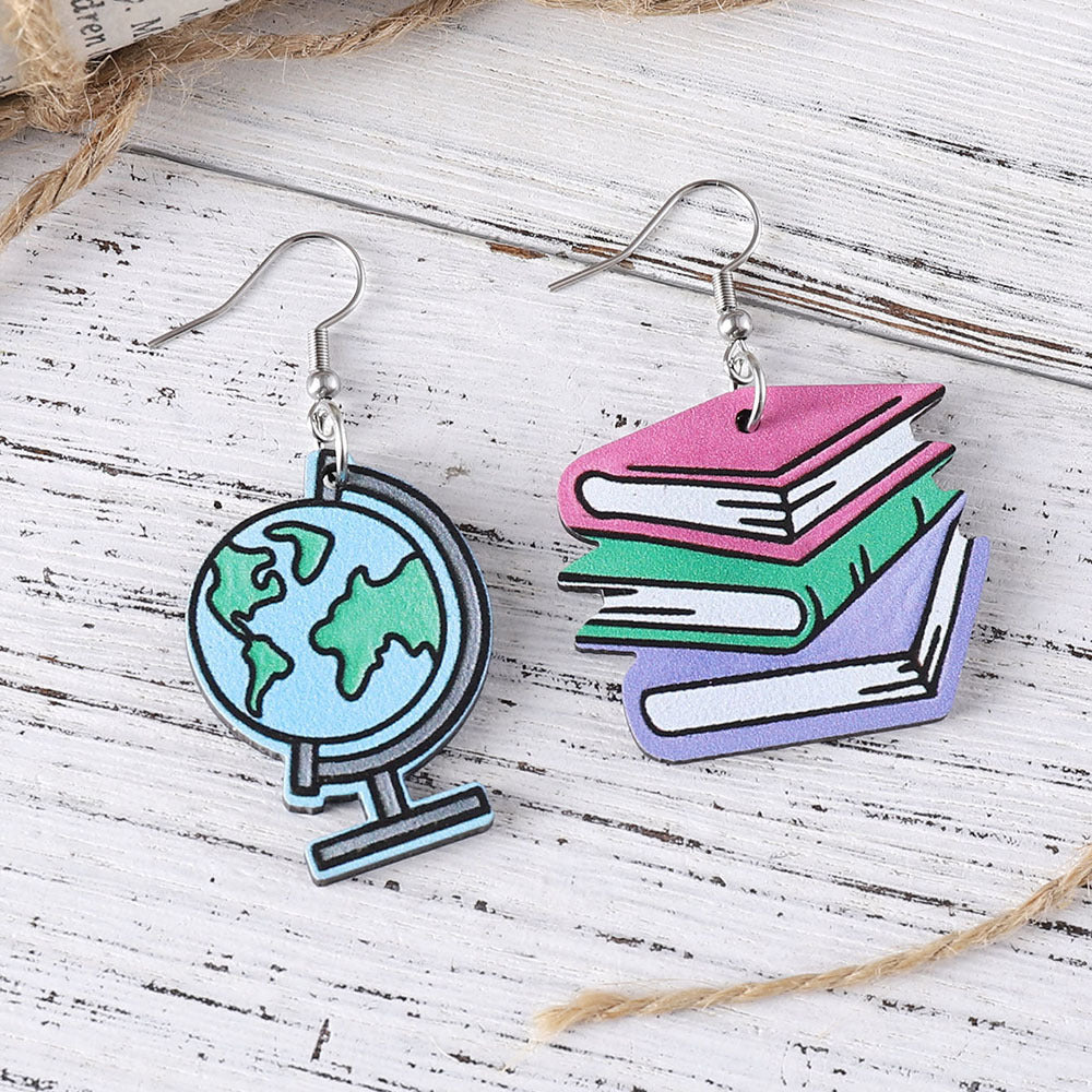 Wholesale globe books calculator scissors wooden double-sided earrings