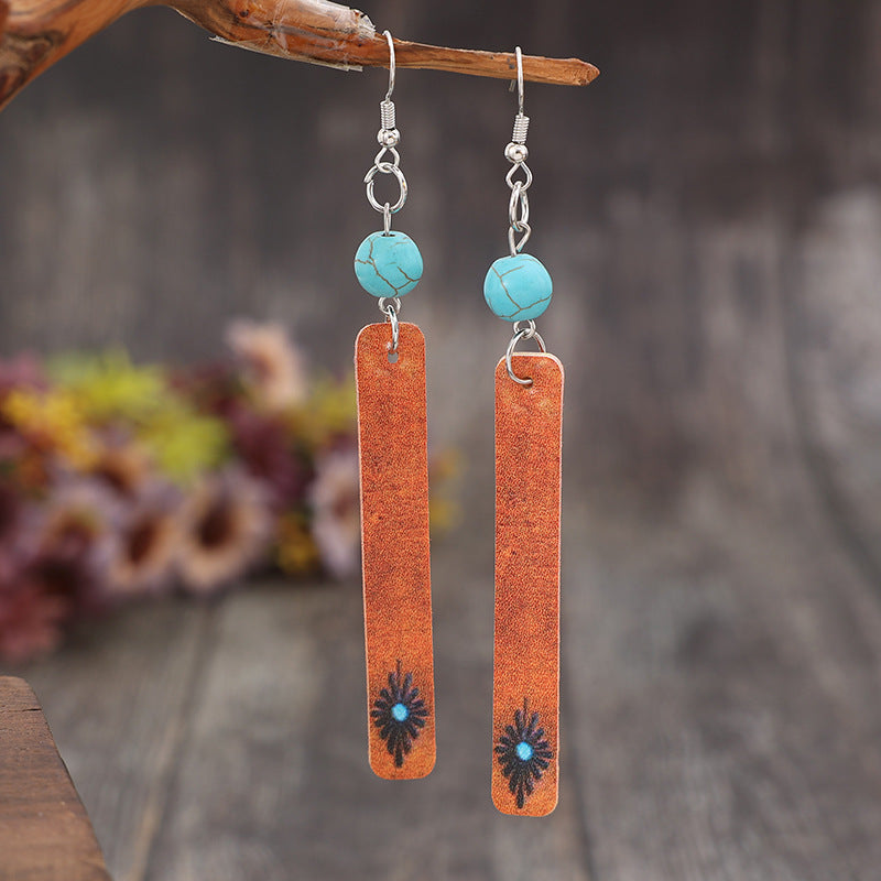 Wholesale Retro Style Turquoise ing Rectangular Long Pendant Leather Earrings Party Wear Fashion Accessory
