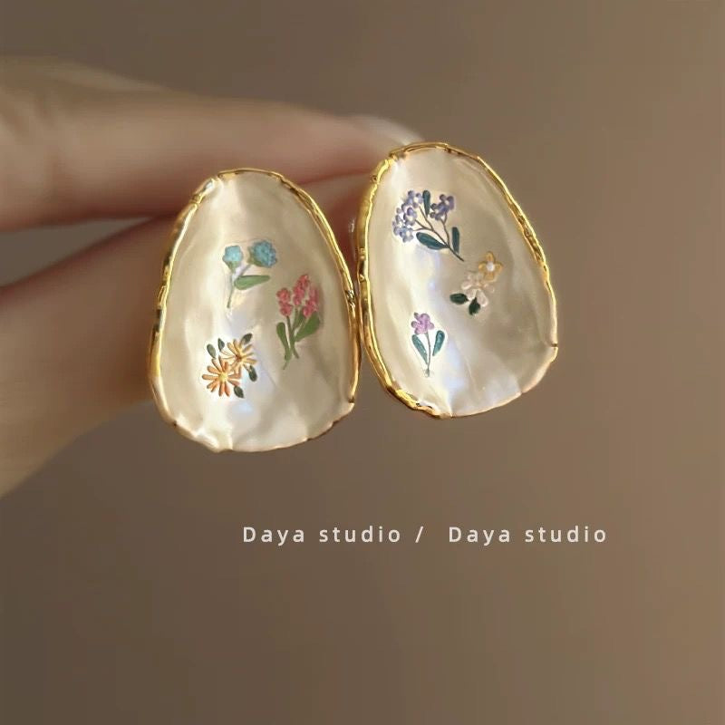 Wholesale Embossed Hazy Blue Vintage Drip Glaze Rose Flower Zircon Earrings