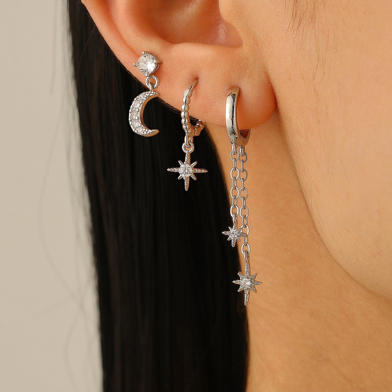 Wholesale Asymmetrical Star and Moon Earrings with Zircon Studs Blingbling Earrings Gold Plated Earrings
