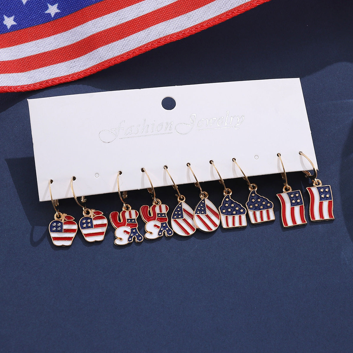 Wholesale Independence Day Red, White Blue, American Flag Hat, Apple Waterdrop Pendant Earrings Set