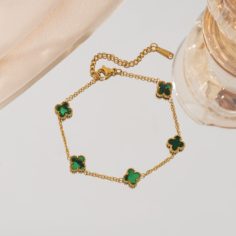 Wholesale Fashion Four-Leaf Clover Bracelet 9mm 18K Gold Plated Stainless Steel Gradient Green Jewelry Accessory for Resale ACCVIP