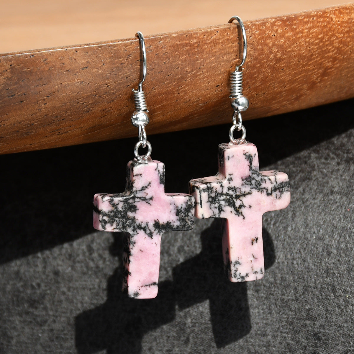 Wholesale Green Aventurine Cross Pendant Earrings Retro Style Handmade Fashion Accessory for Women Gift