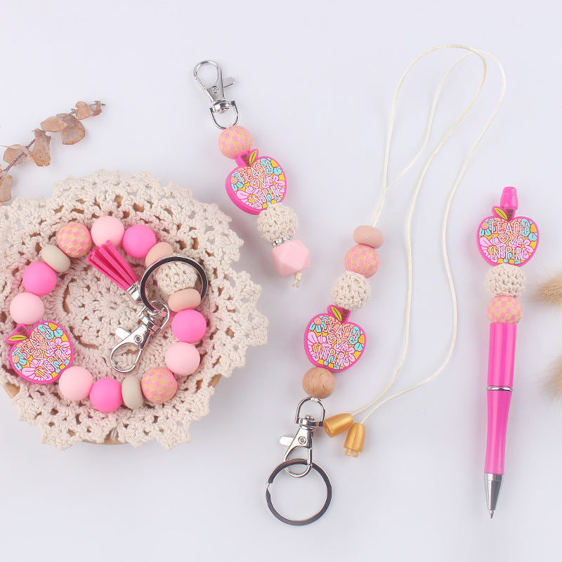 Wholesale Cartoon Apple Silicone Beads Accessories Pendant Creative DIY Silicone Four-Piece Combination Wrist Keychain Jewelry