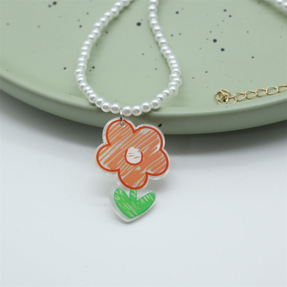 Wholesale  Colorful Acrylic Flower Smiley Tulip Pendant Pearl Beaded Necklace