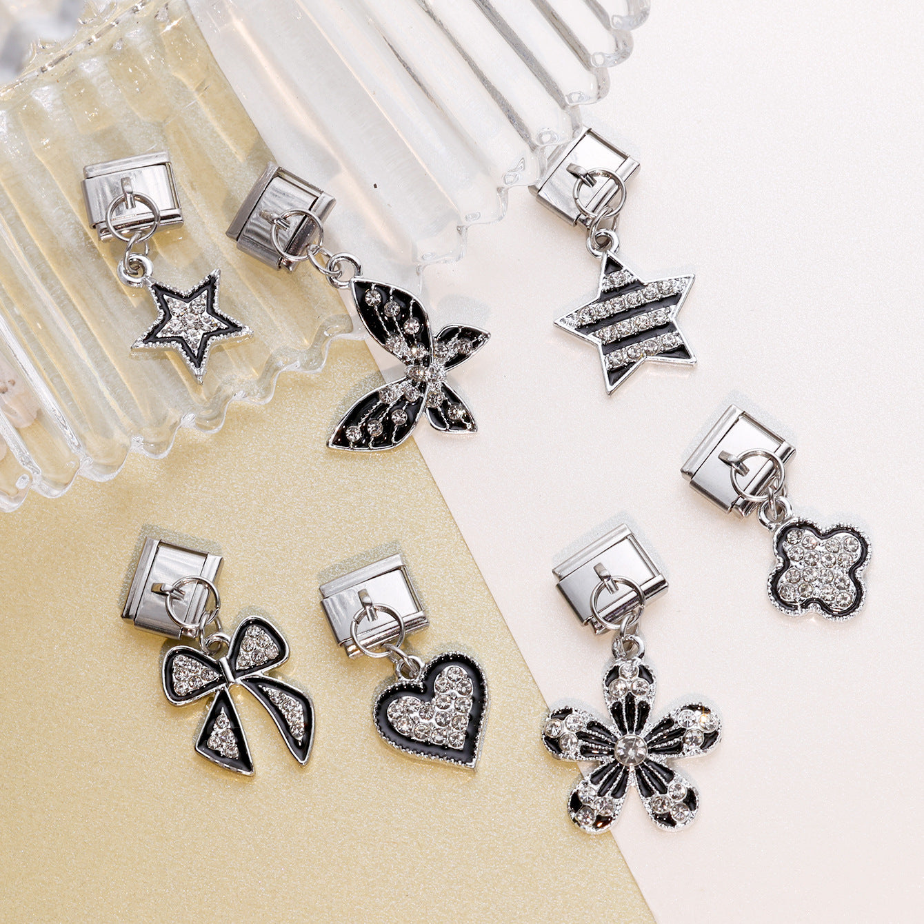 Wholesale 10pcs Italian Charm Bracelet 9mm DIY Splicing Black Micro-Inlaid Zirconia Pendant Stainless Steel Composable Bracelet