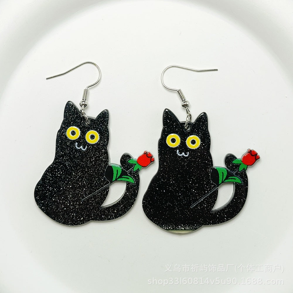 Wholesale Acrylic Sheet Cartoon Black Cat Rose Flower Earrings ACC-ES-Qiyu004