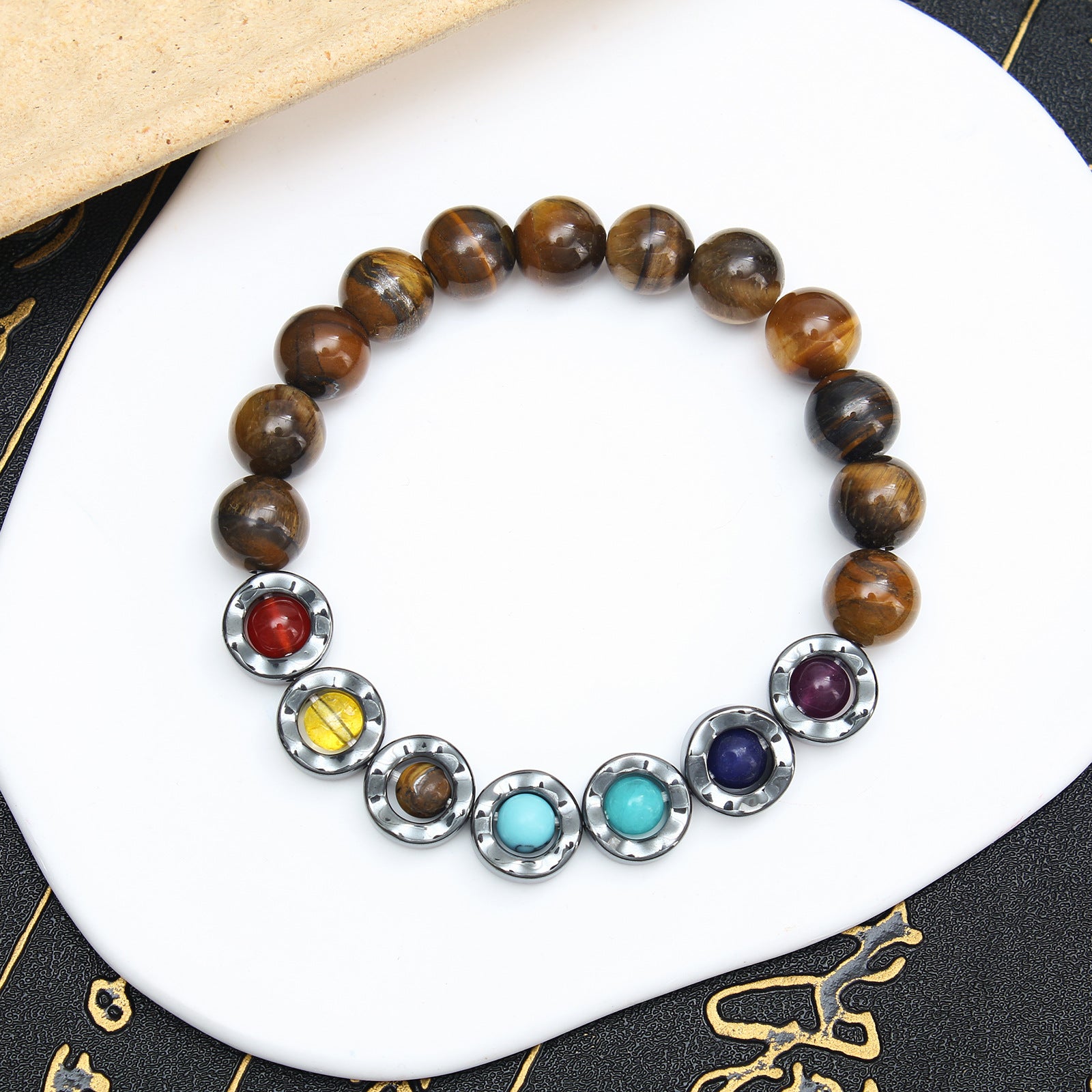 Wholesale black stone wave rotating colorful yoga beads tiger eyes beaded  Bracelet