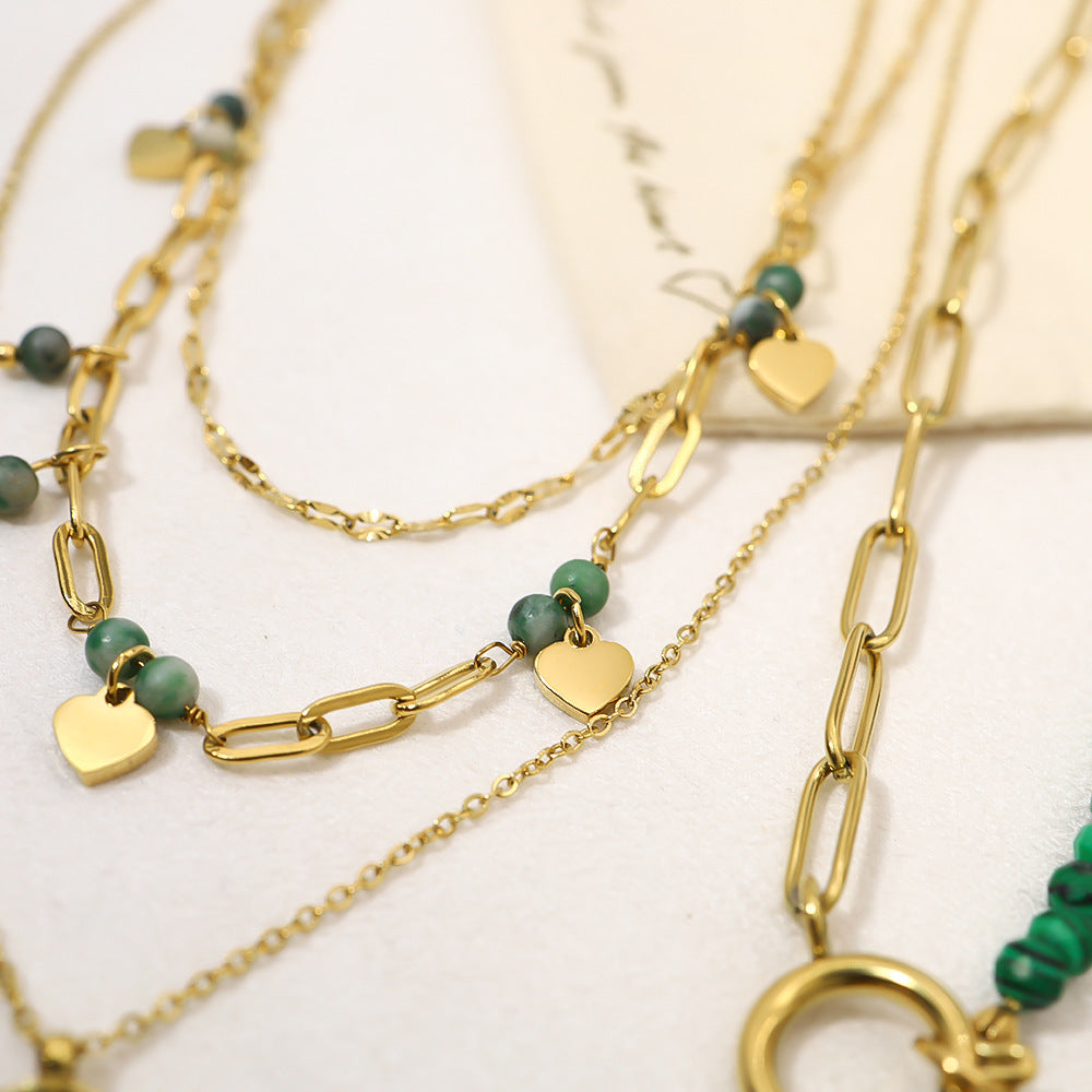 Wholesale  Green Combination Malachite Necklace Titanium Steel  Retro Double Layer Clavicle Chain