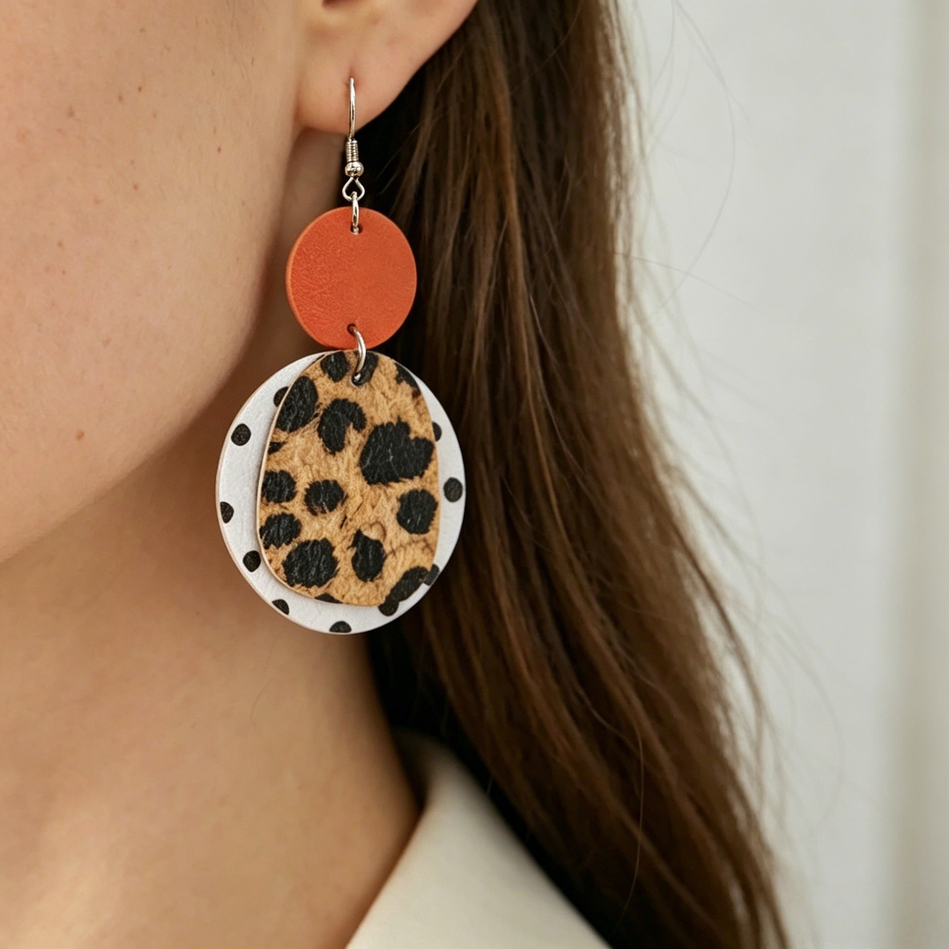 Wholesale Orange Polka Dot Leopard Print Leather Earrings Retro Style Jewelry Accessory