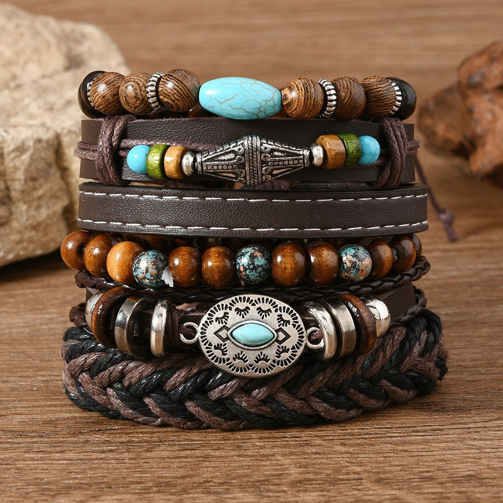 Wholesale Retro Handmade Leather Bracelet Set - 6 Piece Bohemian Fashion Accessory for Everyday Wear