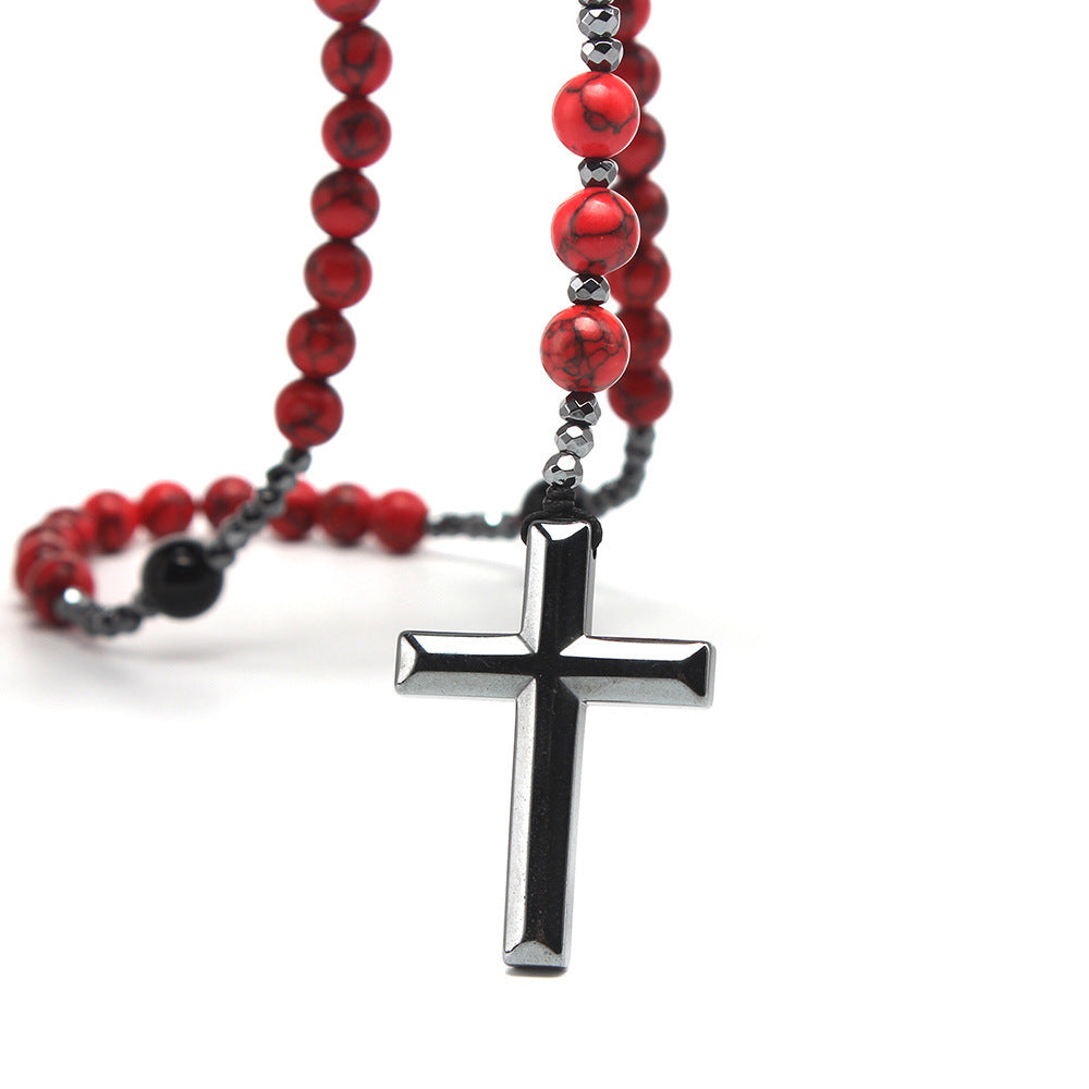 Wholesale natural stone 8mm red turquoise black agate black gallstone cross rosary beads men' s necklace