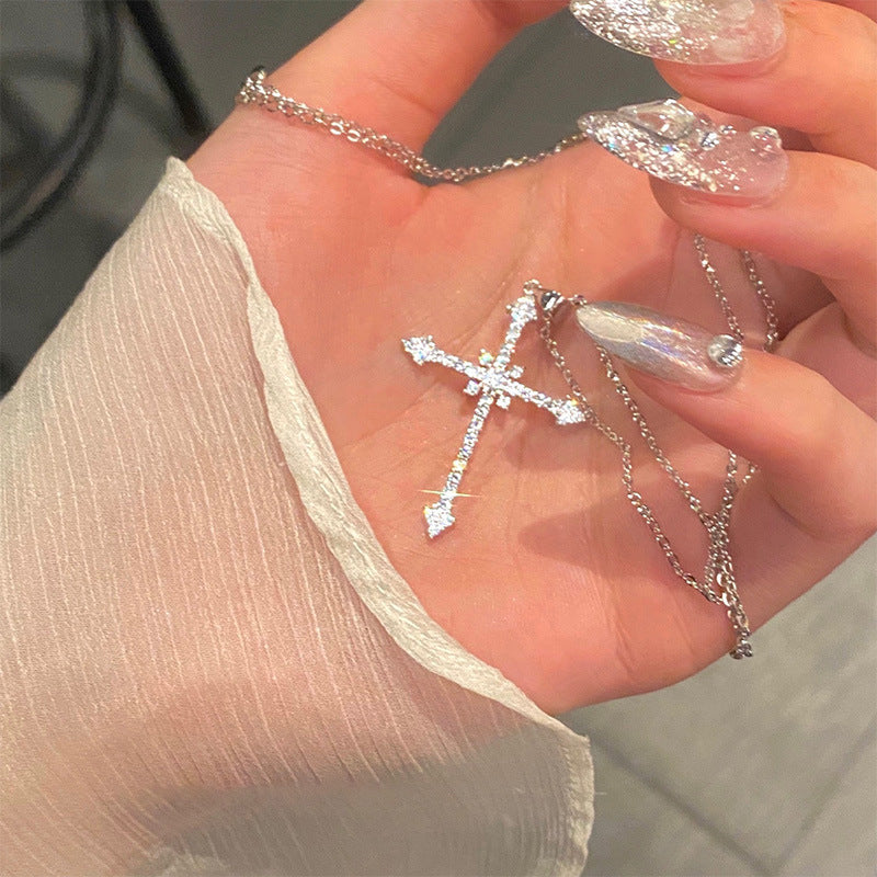 Wholesale Full Diamond Starburst Cross Necklace,  Cool and Sweet Zircon Sparkling Diamond Pendant,  Niche New Trendy Choker Style