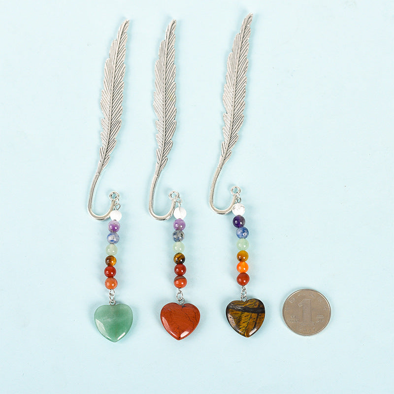 Wholesale Natural Stone Crystal Colorful Love Pendant Feather Metal Bookmark Pendant ACC-BM-ZhiSF001