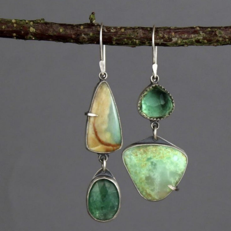 Wholesale Zinc Alloy Geometric Green Gemstone Earrings Bohemian Palace Style Party Wear Fashion Accessory
