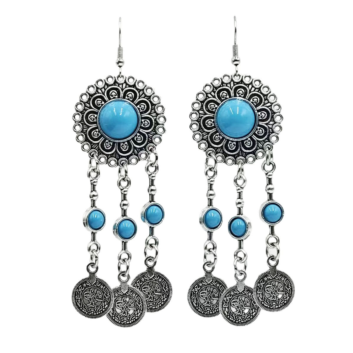 Wholesale Alloy Vintage Coin Tassel Earrings,  Black Bohemian Dangle Earrings,  Trendy Jewelry Accessory for Women