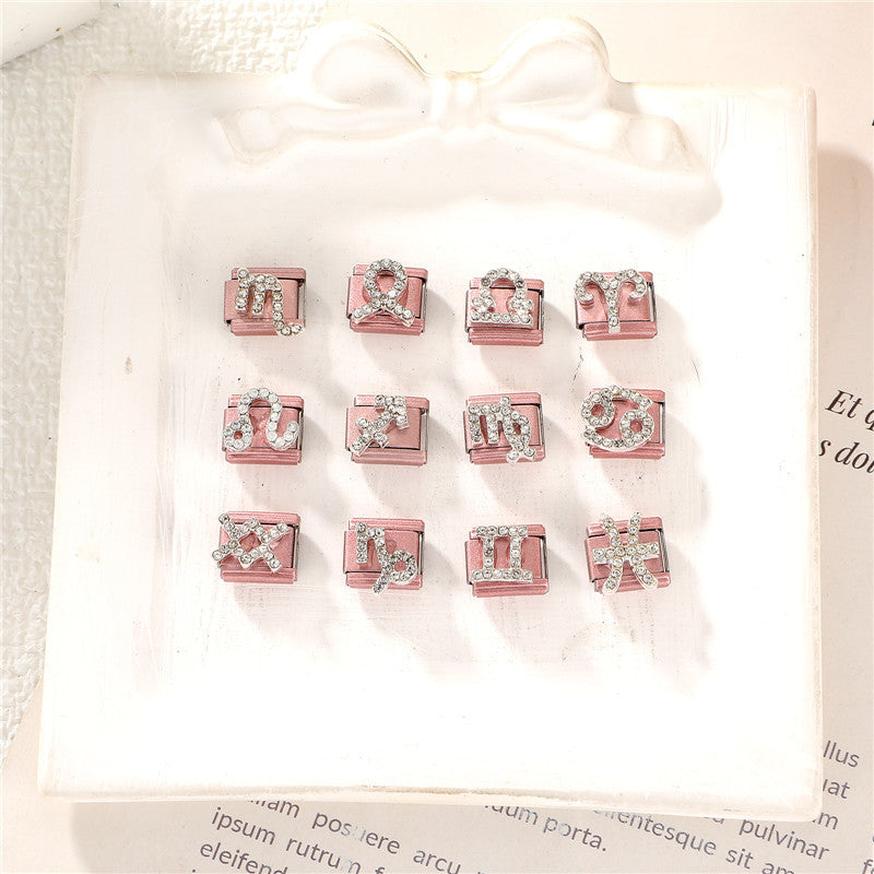 Wholesale Trendy Pink Zodiac Pisces Bracelet Charm Stainless Steel Crystal DIY Jewelry Accessory For Party Gift