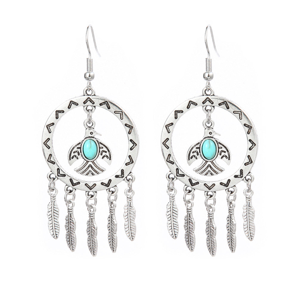 Wholesale Turquoise Geometric Tassel Earrings Antique Silver Retro Fashion Accessory for Everyday Wear or Gift