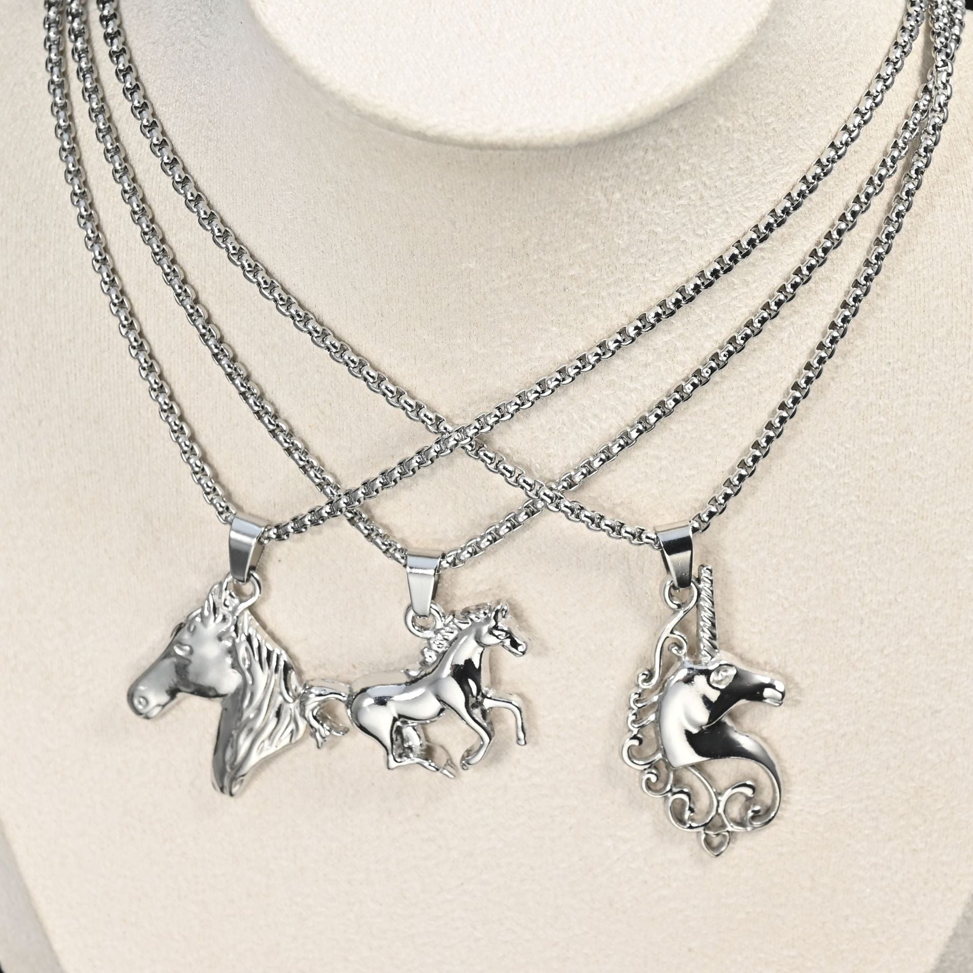 Wholesale Chinese Style Horse Zodiac Colorful Pendant Necklace Stainless Steel Clavicle Chain For Street Fashion Layering Jewelry