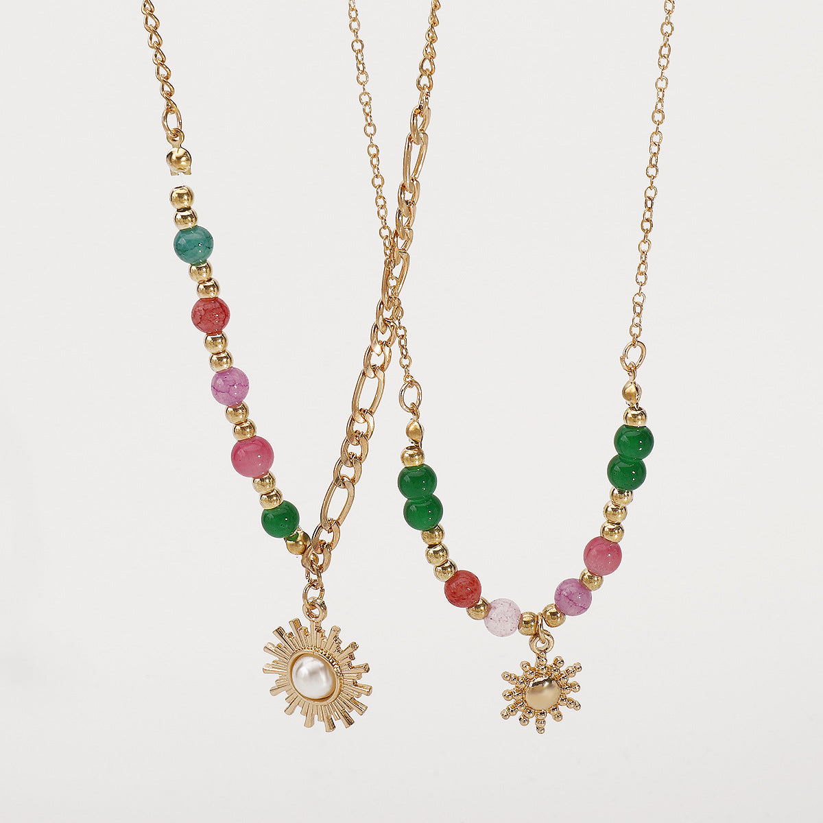 Wholesale  Retro Sun Inlaid Pearl Necklace Glass Beads Overlapping Clavicle Chain