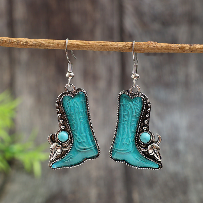 Wholesale Vintage Bohemian Turquoise Cowboy Boot Earrings,  Alloy Oil Drip Jewelry Accessory