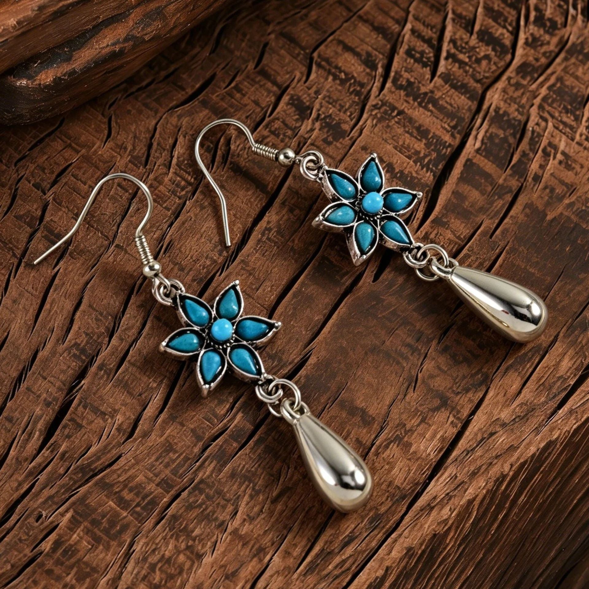 Wholesale Retro Blue Flower Turquoise Earrings Boho Chic Fashion Accessory Boutique Resale Gift