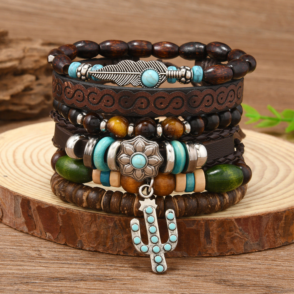 Wholesale Retro Style Bullhead Cactus Multi-Layer Leather Braided DIY 6-Piece  Bracelet