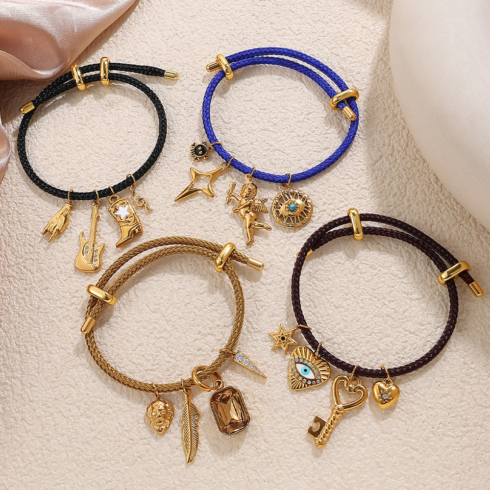 Wholesale Cross-Border European and American Popular Adjustable Rope Multi-Pendant Bracelet DIY Stainless Steel Plated 18K Gold Bracelet Accessible Luxury Model