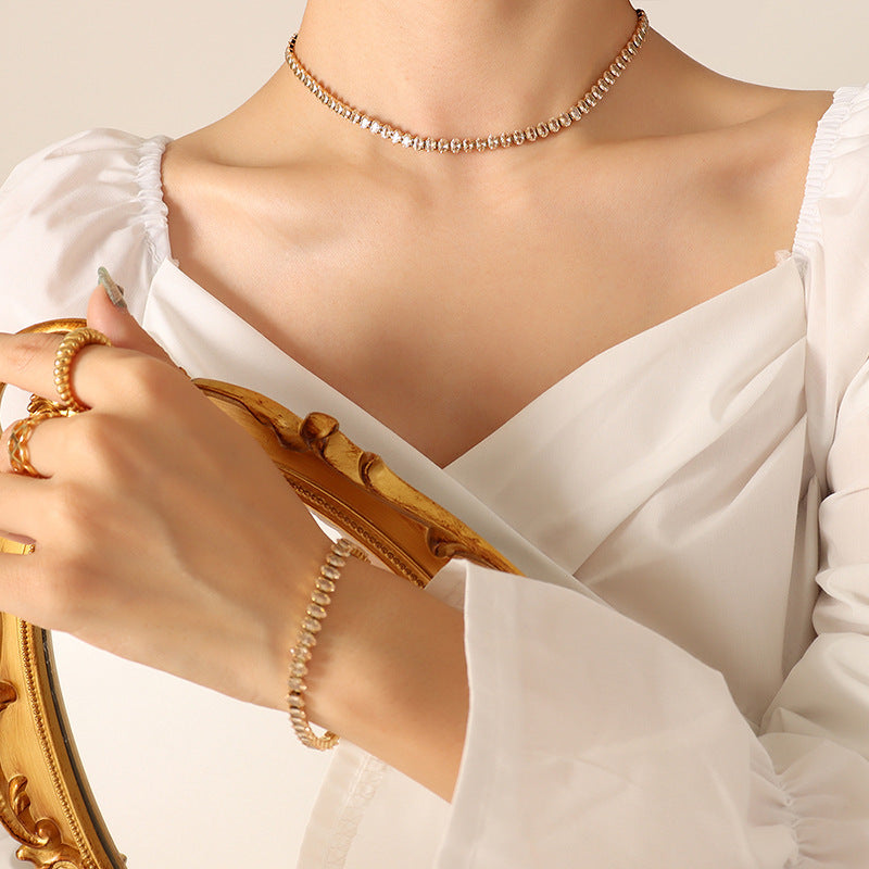 Wholesale Pure Color Diamond and Zircon Inlaid Necklace Bracelet Jewelry Set Titanium Steel ACC-NE-Fangt002