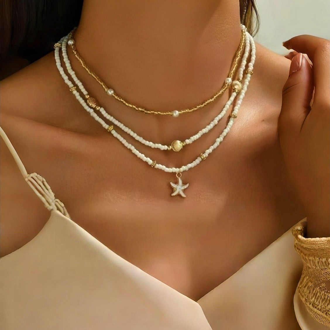 Wholesale Mixed Materials Layered Ocean Themed Necklace,  Starfish Seashell &  Imitation Pearl Charm,  Fashion Accessory for Women