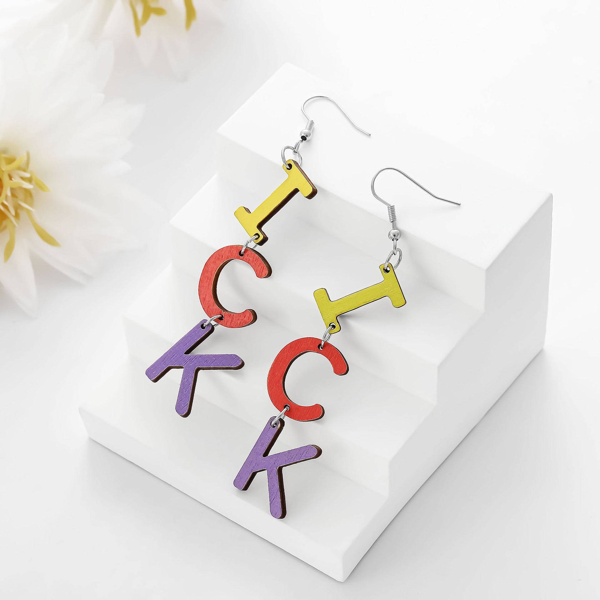 Wholesale wooden earrings colorful English letter earrings