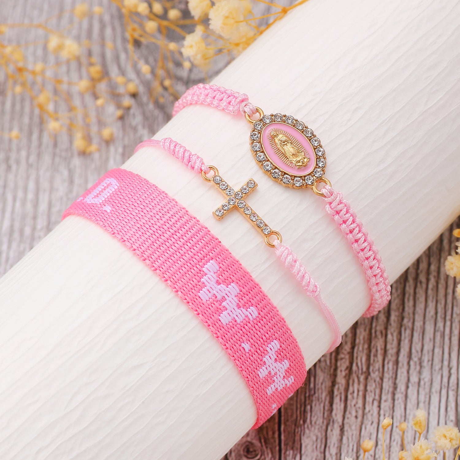 Wholesale Pink 5-piece Cross Women' s Fashion Personality Elastic Bracelet Set
