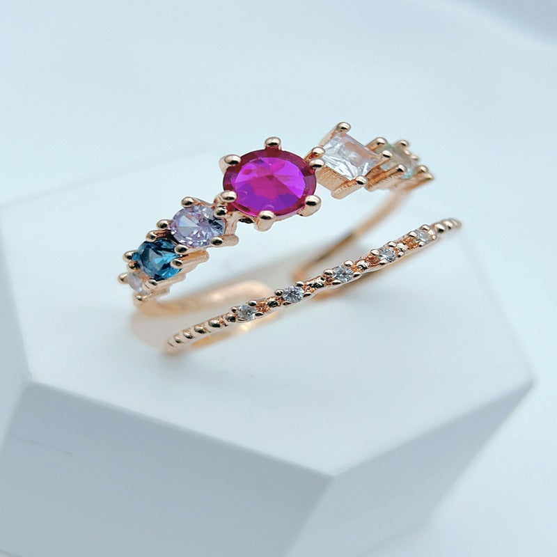 Wholesale Double Layer Colored Gemstone Open Ring Flower Adjustable Rings ACC-RS-YXY005