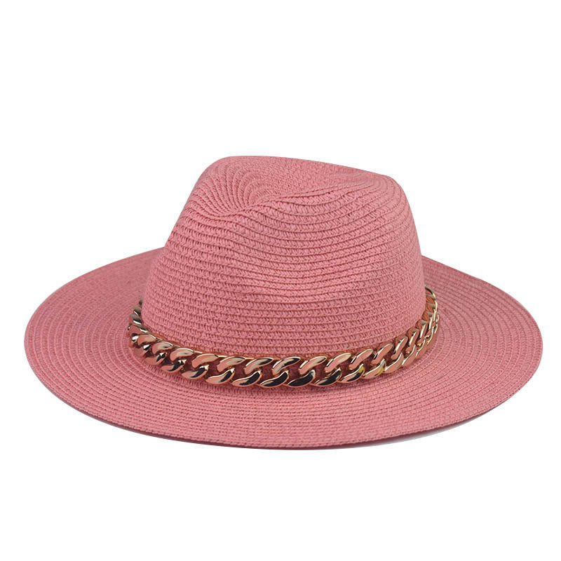 Wholesale Trendy Wide Brim Straw Hat With Gold Chain Decoration Flat Top Khaki Sun Hat For Summer Casual Wear