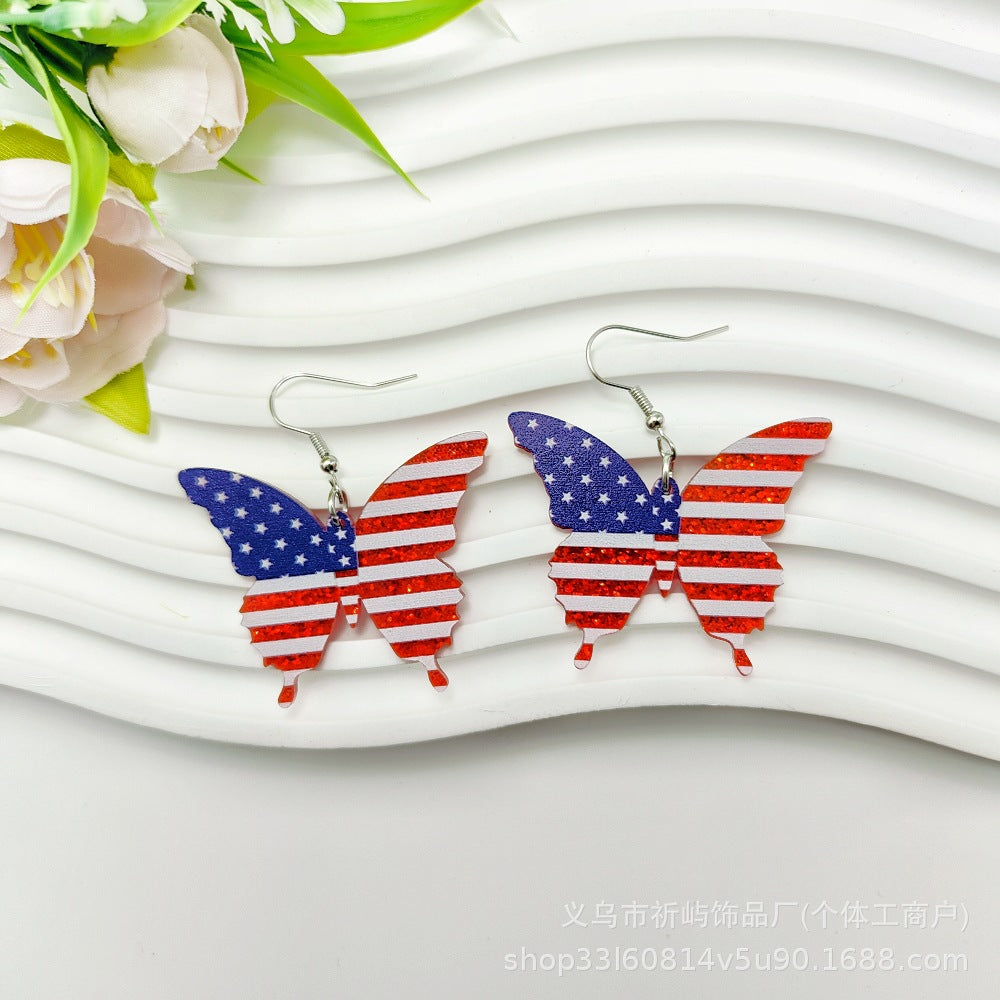 Wholesale Leather American Independence Day Earrings Red White and Blue Flag Color Love Heart Star Sun Flower Earrings ACC-ES-Qiyu001