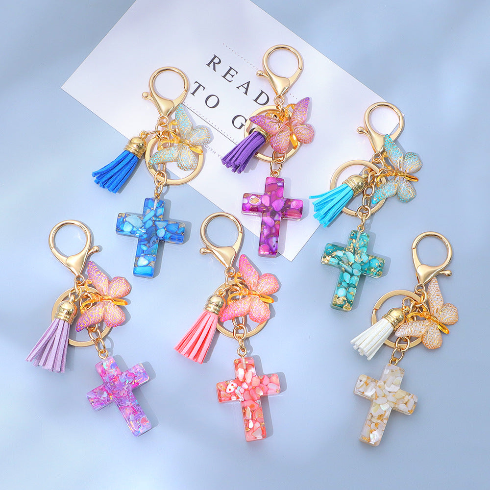 Wholesale Little Fresh Resin Butterfly Cross Keychain Tassel Bag Pendant Boutique Resale