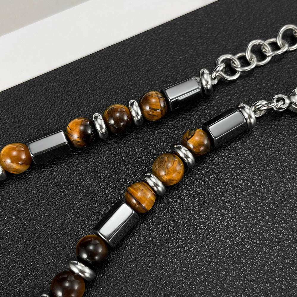 Wholesale  stainless steel  geometric tiger eye beaded chain bracelet
