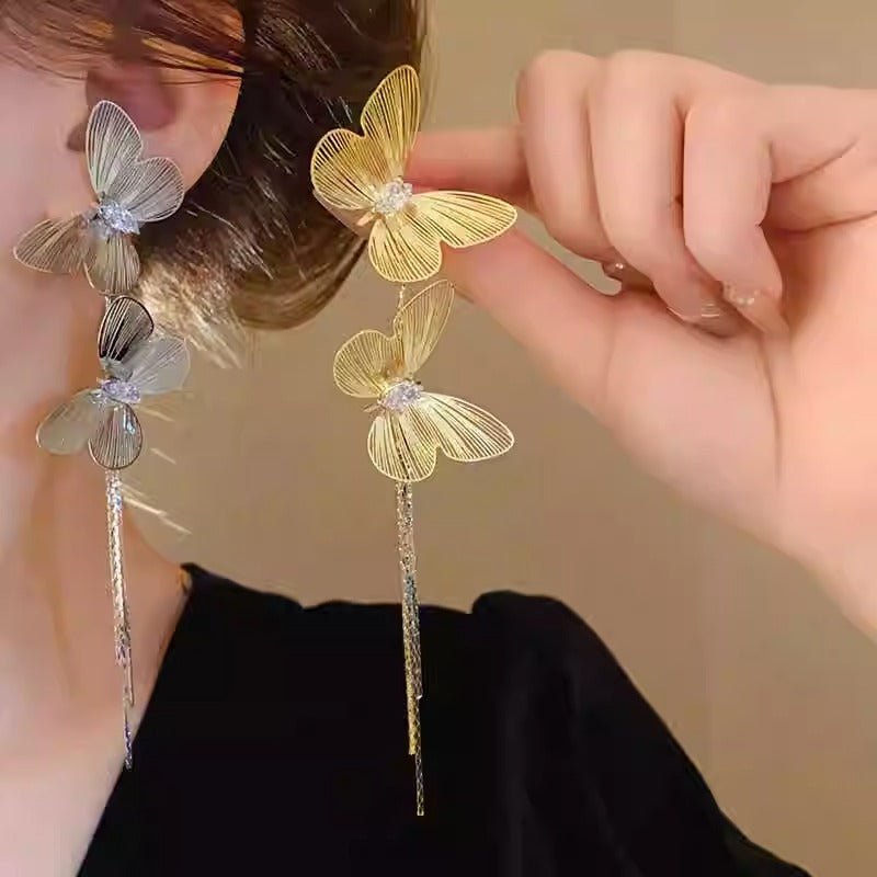 Wholesale S925 silver needle butterfly tassel earrings