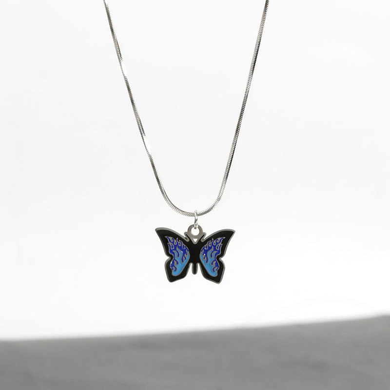 Wholesale Blue Titanium Steel Butterfly Necklace