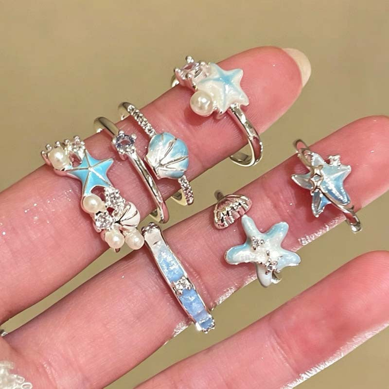 Wholesale Stylish Blue Starfish Shell Open Ring For Women Seaside Vacation Adjustable Size Zinc Alloy Jewelry Gift